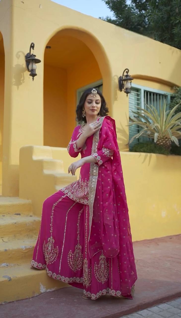 Elegant Chinon Silk Kurti Sharara Set with Embroidered Dupatta