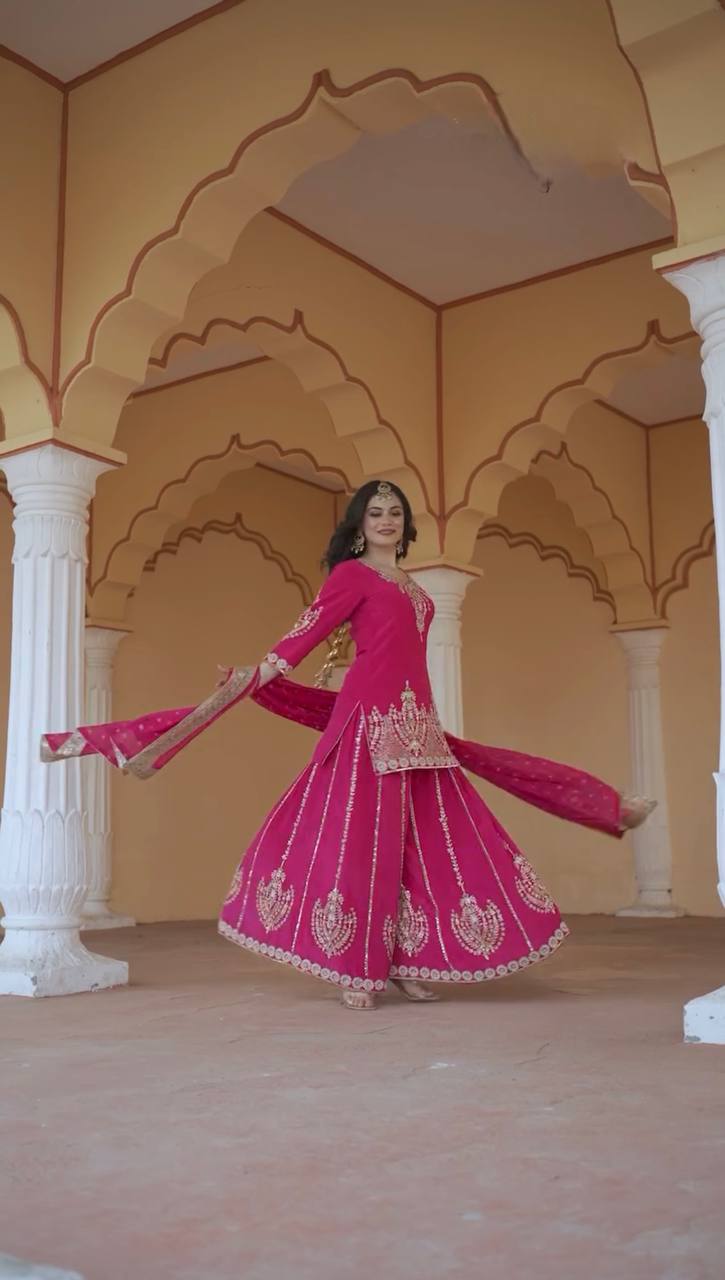 Chinon Silk Kurti Sharara Set with Embroidered Dupatta – Ethnic Party & Festive Wear