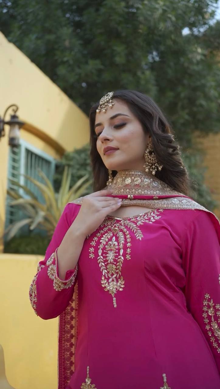 Chinon Silk Kurti Sharara Set with Embroidered Dupatta – Ethnic Party & Festive Wear