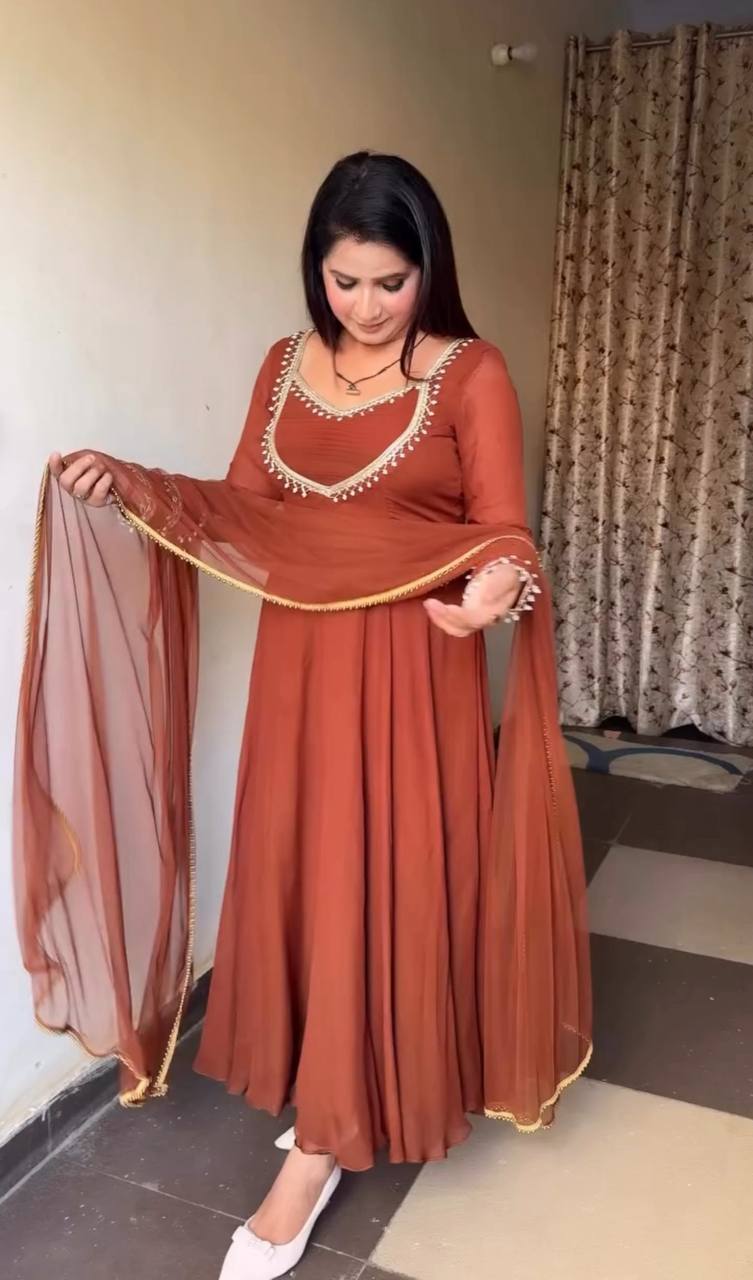 Brown Color New Partywear Georgette Handwork Designer Anarkali Kurta Set