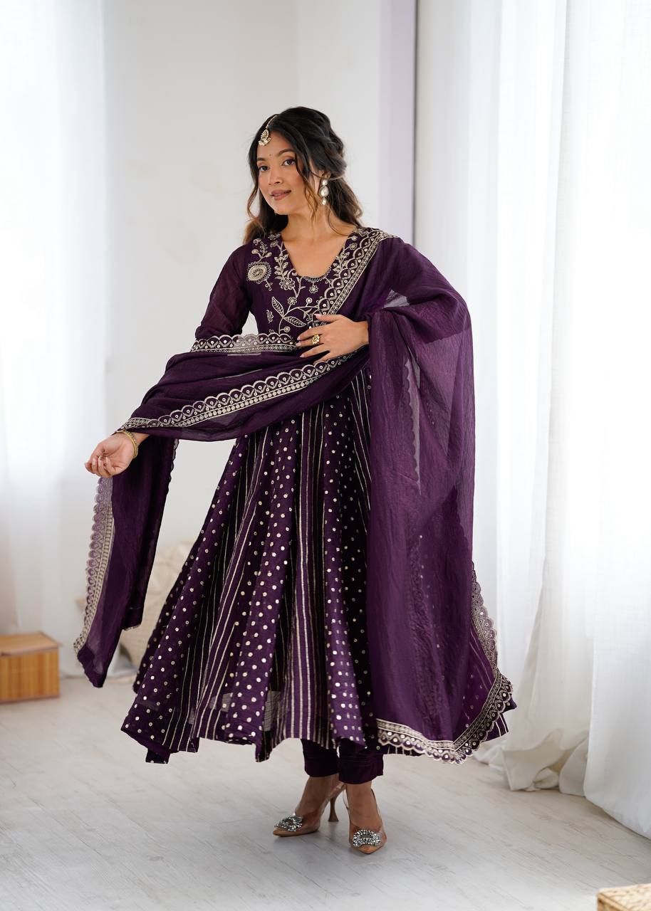 New Partywear Premium Crunchy Silk with a full Flair Anarkali Kurta Set