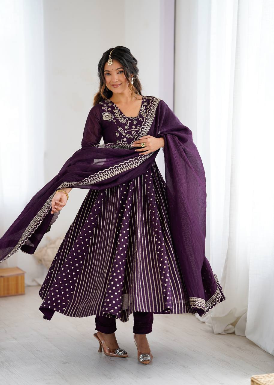 New Partywear Premium Crunchy Silk with a full Flair Anarkali Kurta Set