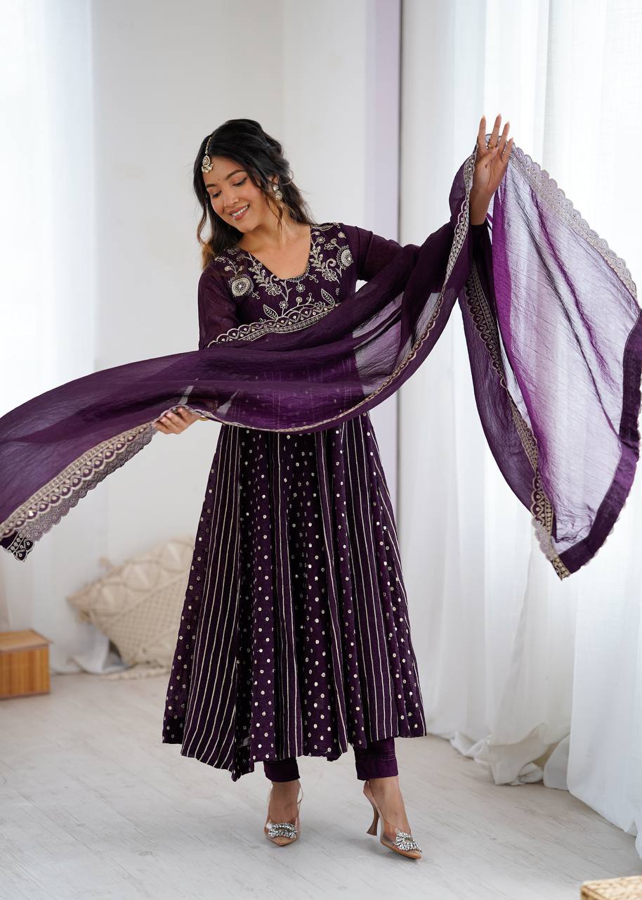 New Partywear Premium Crunchy Silk with a full Flair Anarkali Kurta Set