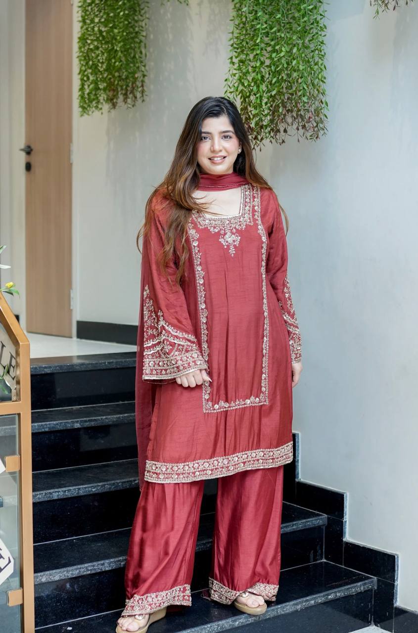 New Designer Chiffon Embroidery Work Set – Fully Stitched Ready-to-Wear Top, Plazzo Bottom & Dupatta for Women