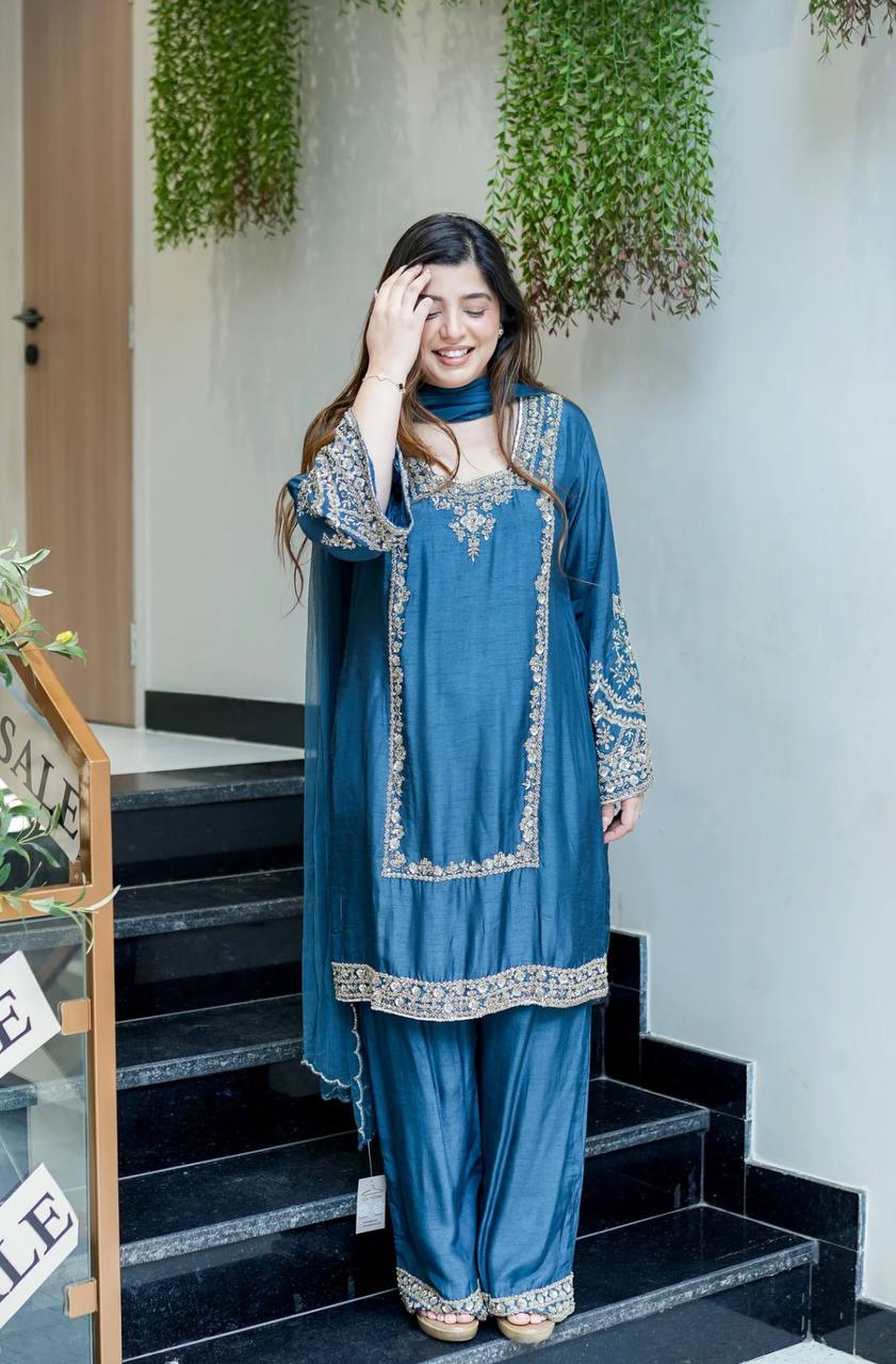 New Designer Chiffon Embroidery Work Set – Fully Stitched Ready-to-Wear Top, Plazzo Bottom & Dupatta for Women
