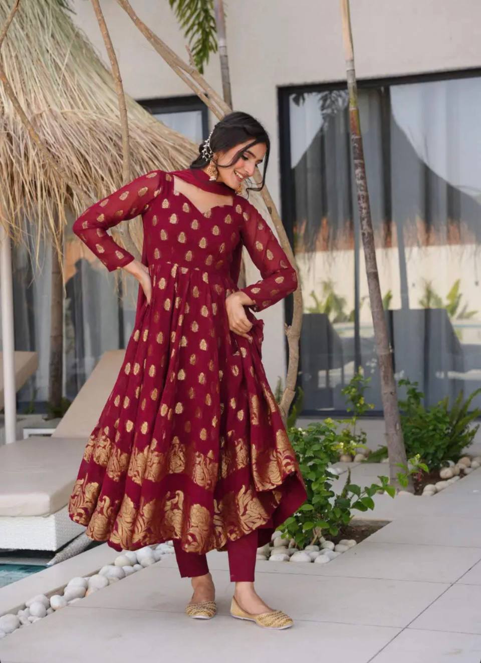 Maroon Heavy Faux Georgette with Embroidery Work n Full Sleeves Anarkali Suit