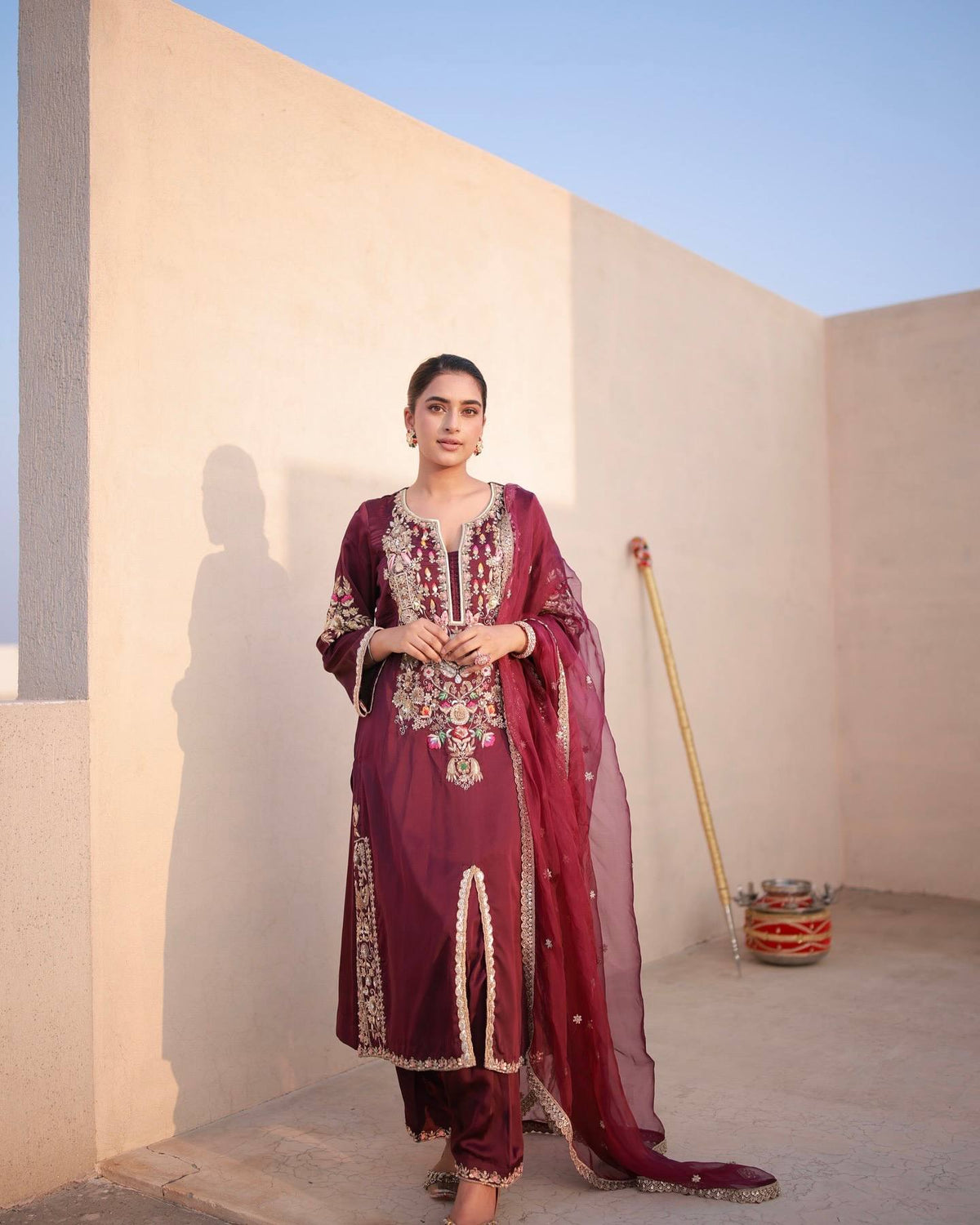 Designer Red color Top & Palazzo with Dupatta with Embroidery Sequence & Dori Work
