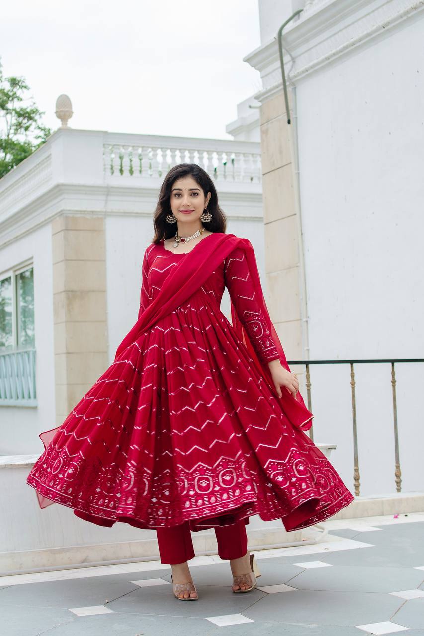 New PartyWear Beautiful Red Color Faux Georgette with all-over embroidery work Anarkali Set