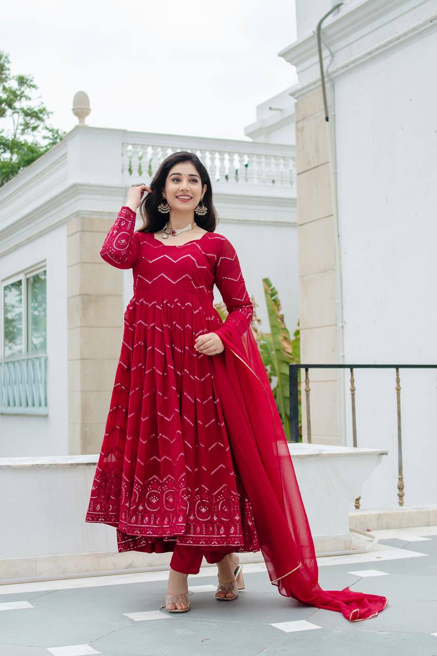 New PartyWear Beautiful Red Color Faux Georgette with all-over embroidery work Anarkali Set