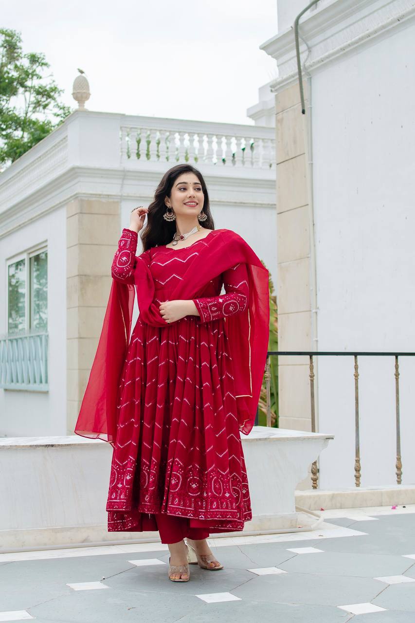 New PartyWear Beautiful Red Color Faux Georgette with all-over embroidery work Anarkali Set