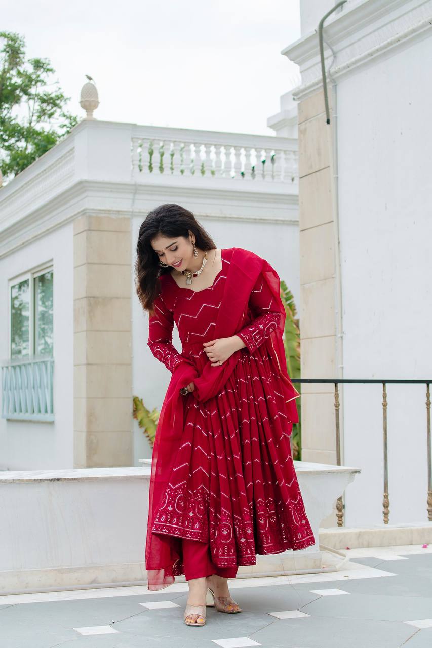 New PartyWear Beautiful Red Color Faux Georgette with all-over embroidery work Anarkali Set