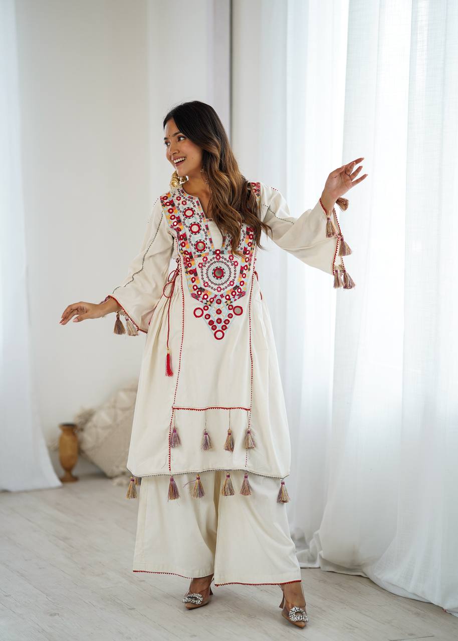 Designer Pure Khadi Cotton Kurta Palazzo Set with Mirror Embroidery