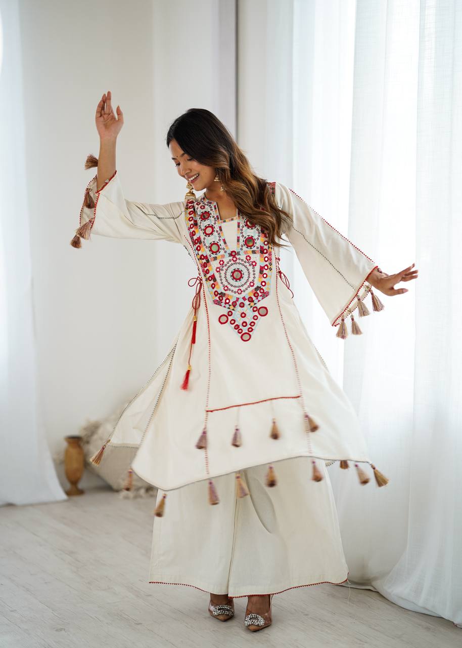 Beautiful Navratri Special White Designer Pure Khadi Cotton Embroidery sequence work Kurta With Plazzo Set