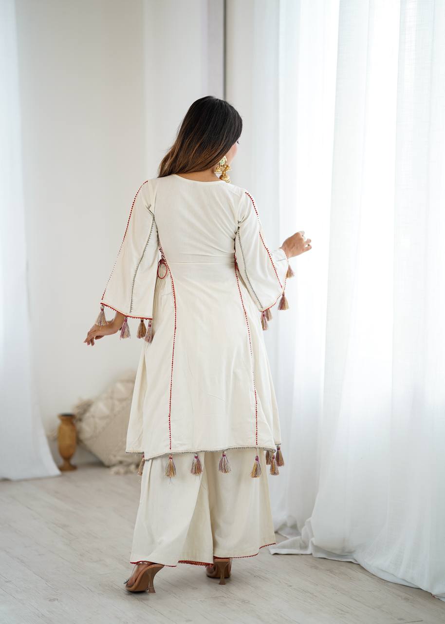 Beautiful Navratri Special White Designer Pure Khadi Cotton Embroidery sequence work Kurta With Plazzo Set