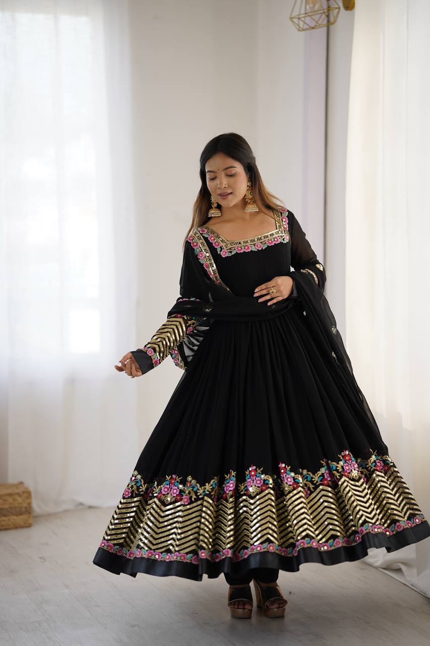 New Designer Black Color Premium Heavy Georgette Anarkali Gown With Bottom And Dupatta Set