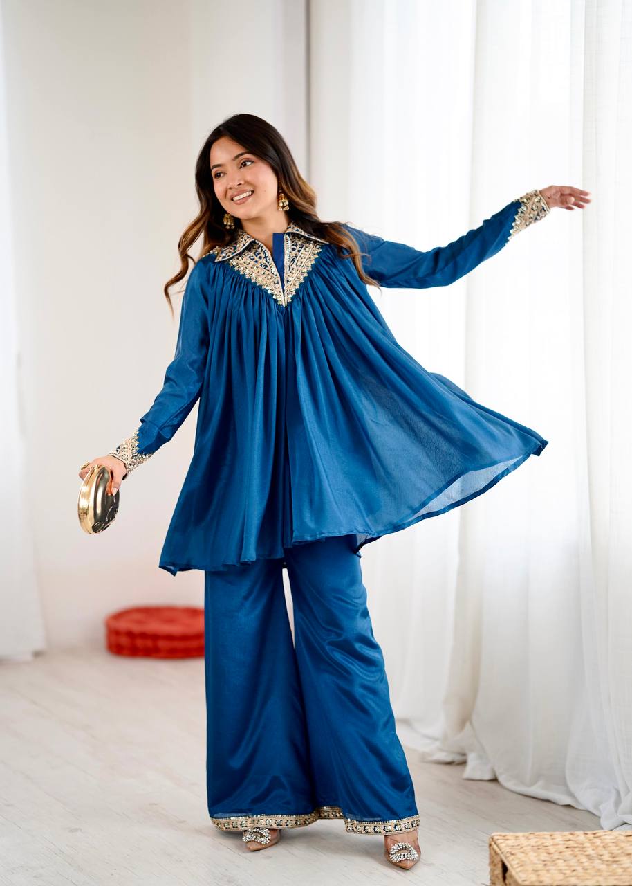 New Look Designer Heavy Chinon Embroidery Sequence Top & Plazzo Set