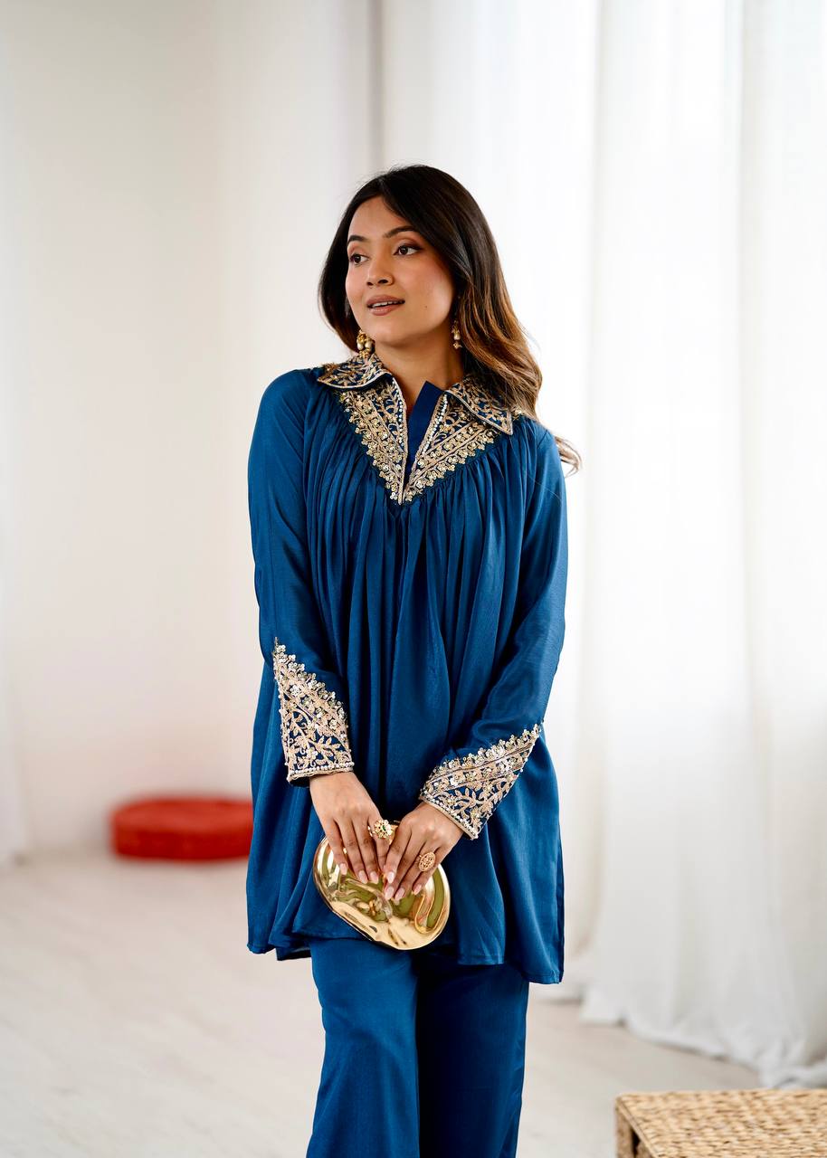 New Look Designer Heavy Chinon Embroidery Sequence Top & Plazzo Set