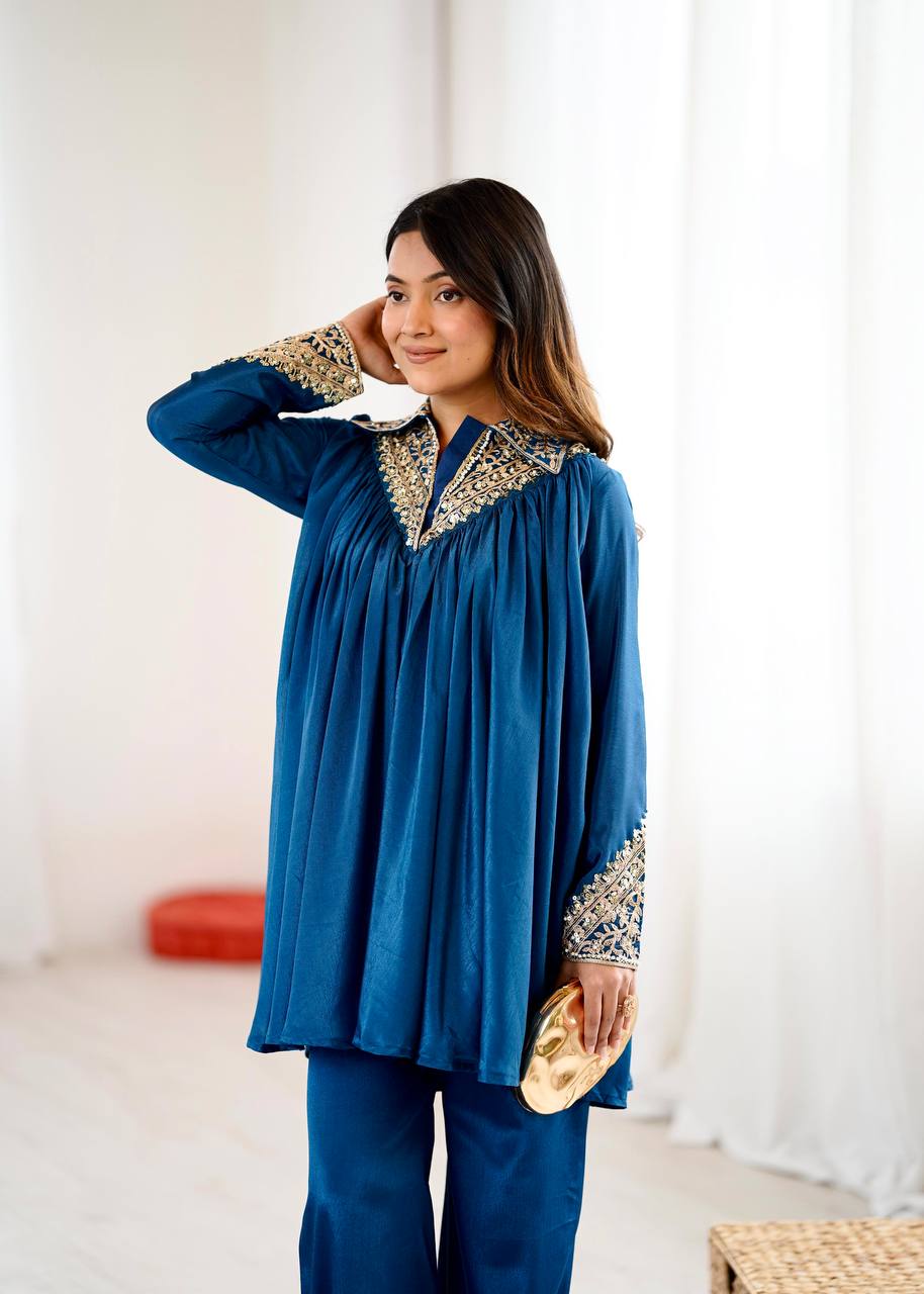 New Look Designer Heavy Chinon Embroidery Sequence Top & Plazzo Set