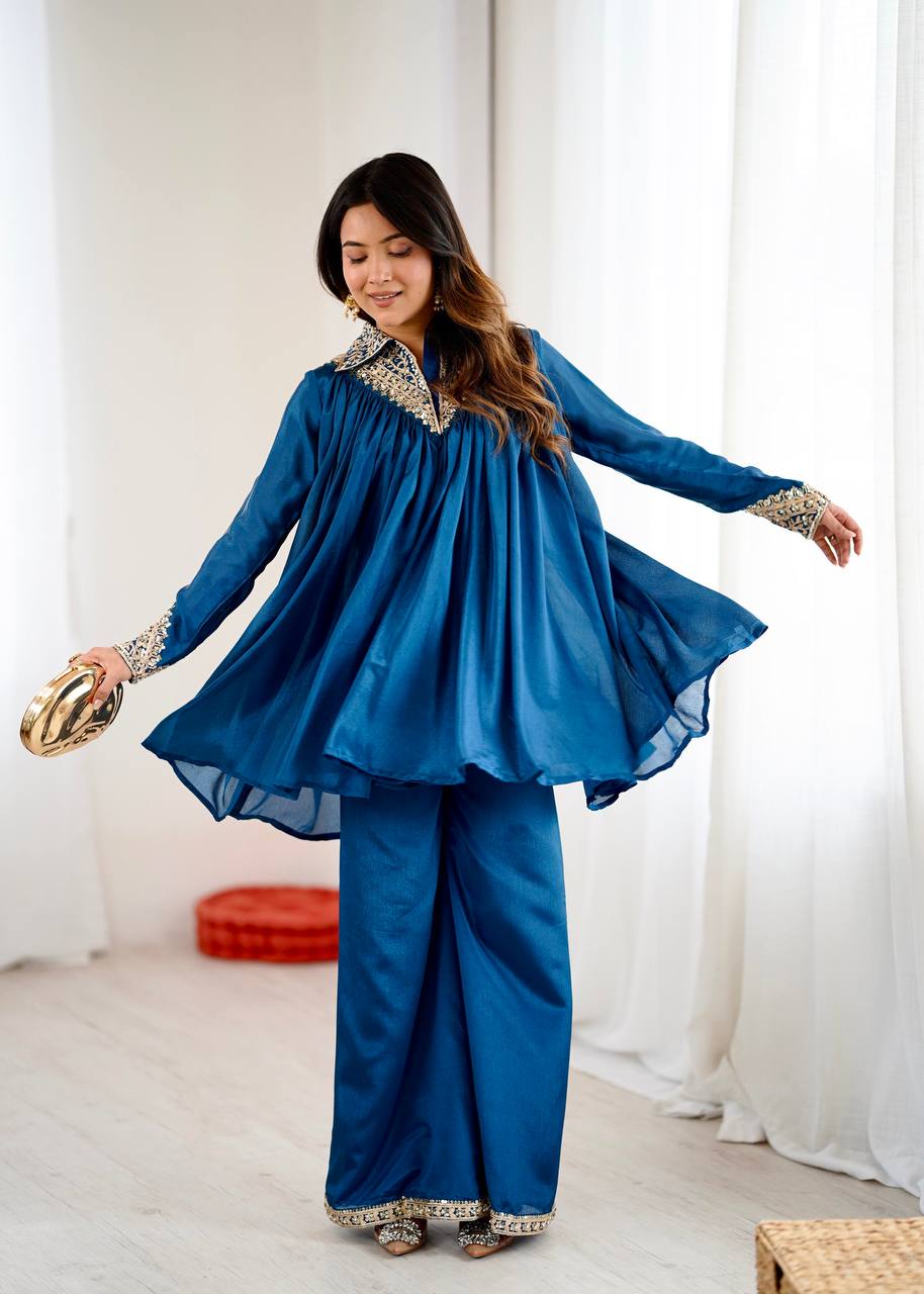 New Look Designer Heavy Chinon Embroidery Sequence Top & Plazzo Set