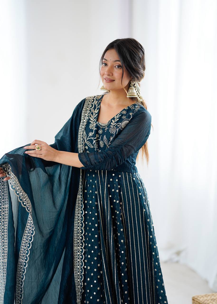 New Partywear Premium Crunchy Silk with a full Flair Anarkali Kurta Set