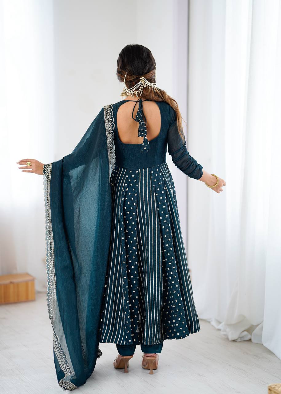 New Partywear Premium Crunchy Silk with a full Flair Anarkali Kurta Set