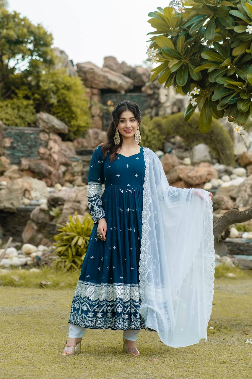 New Partywear Blue Color Faux Georgette Anarkali Suit Set