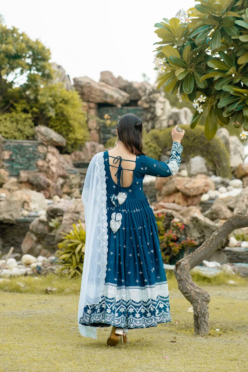 New Partywear Blue Color Faux Georgette Anarkali Suit Set