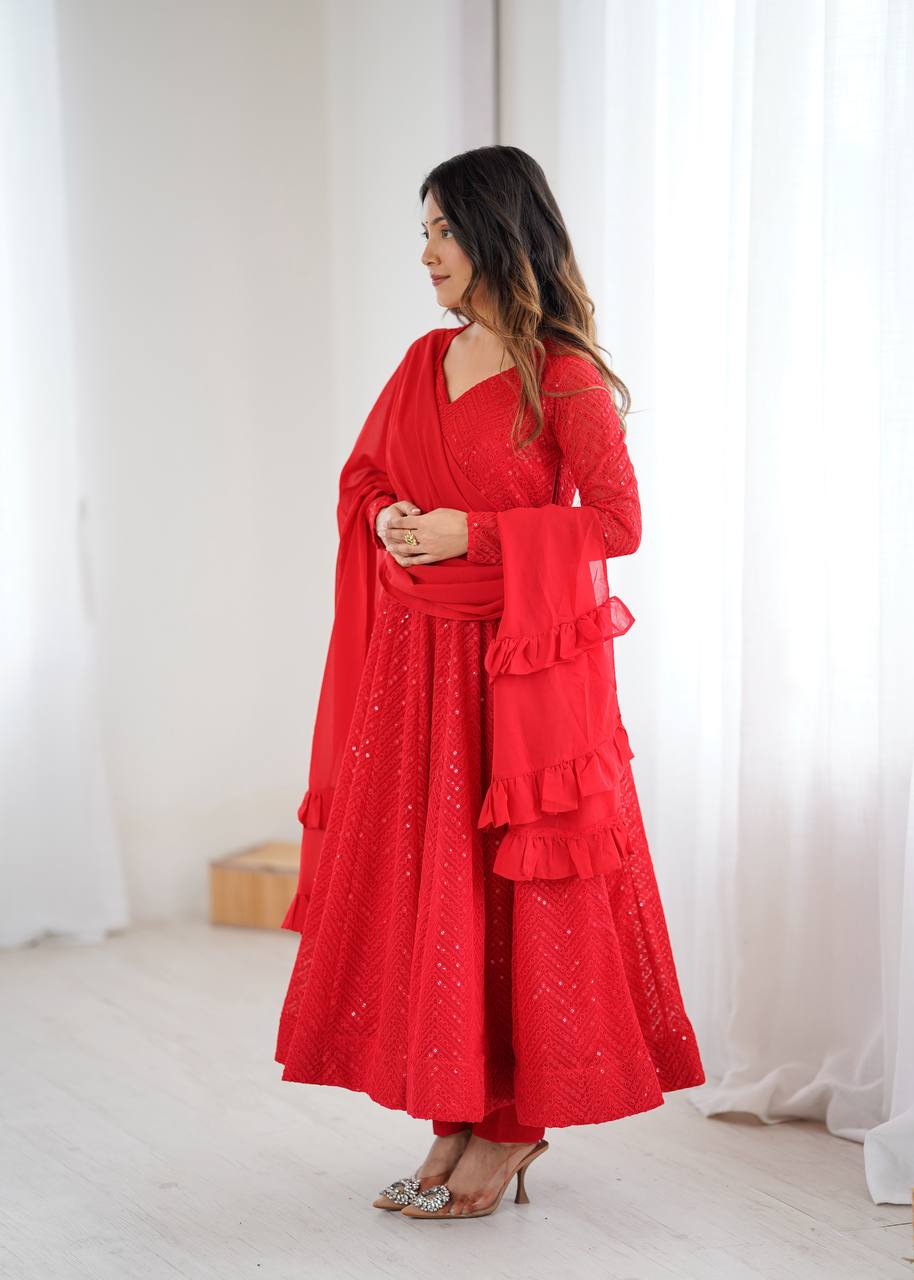 Red Elegant Soft Georgette Lucknowi Sequence Anarkali Suit Set