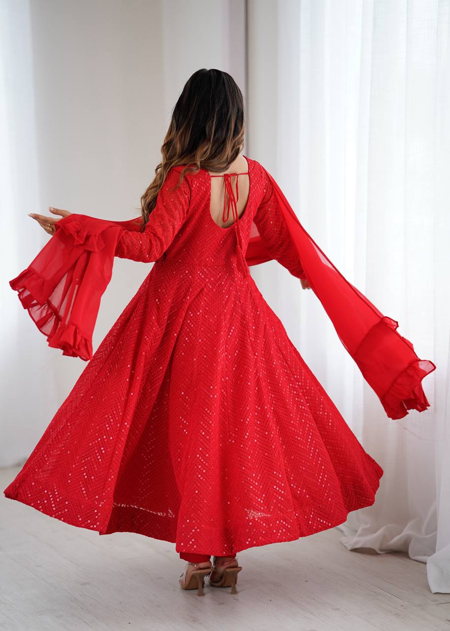 Red Elegant Soft Georgette Lucknowi Sequence Anarkali Suit Set