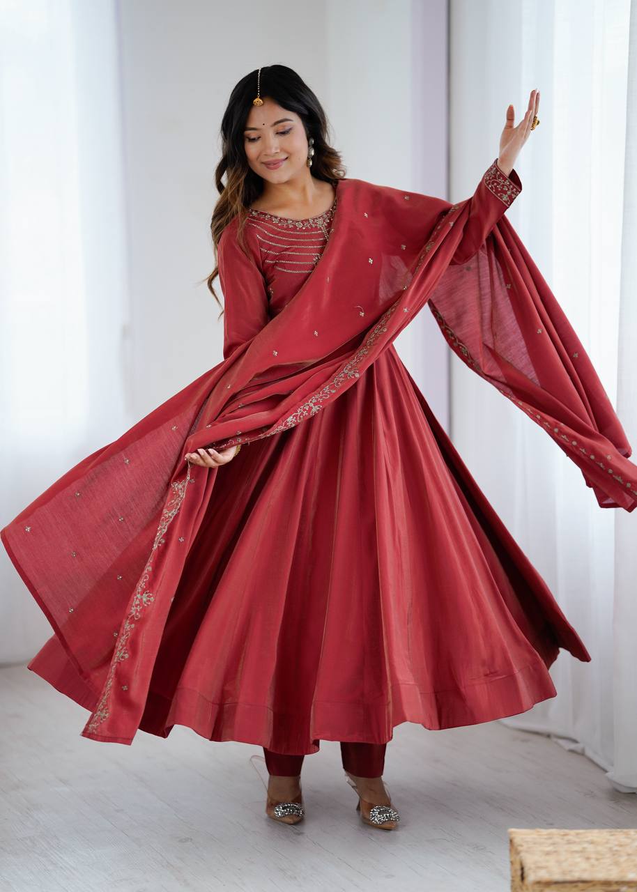 Premium Roman Shimmer Chanderi Silk Anarkali Set