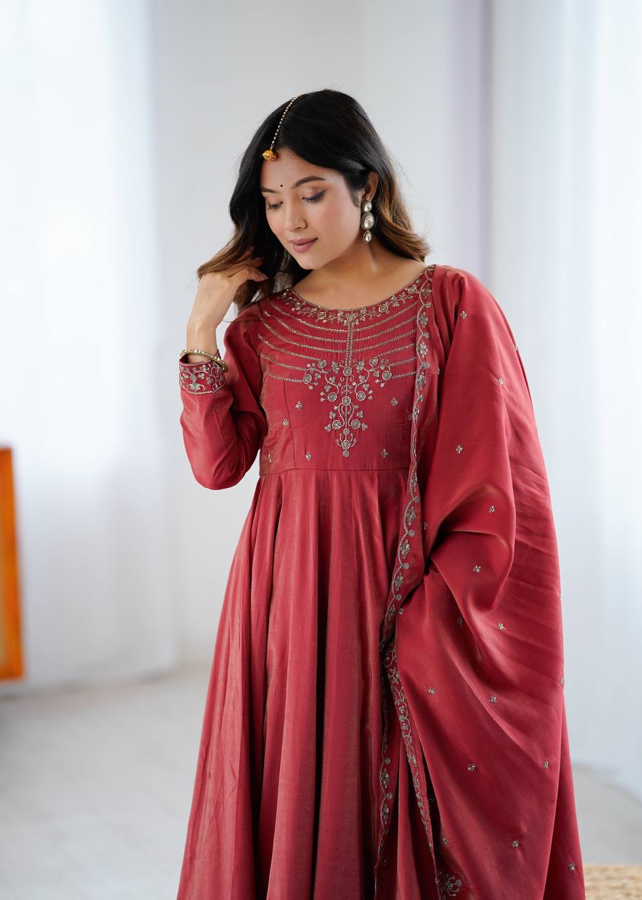 Premium Roman Shimmer Chanderi Silk Anarkali Set