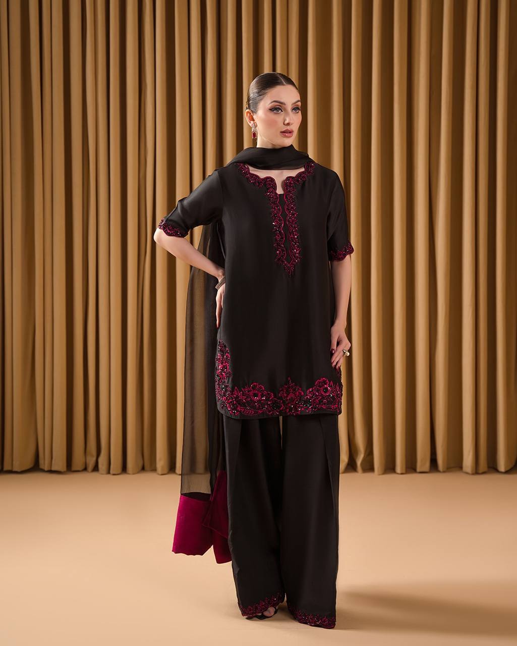 Designer Party Wear Set – Pure Natural Crepe Top with Farshi Palazzo & Dupatta