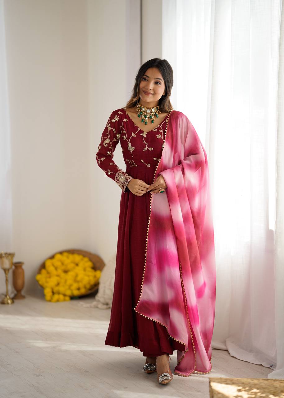 New Designer Premium Heavy Crunchy Silk with Embroidery & Sequence Work Anarkali Gown
