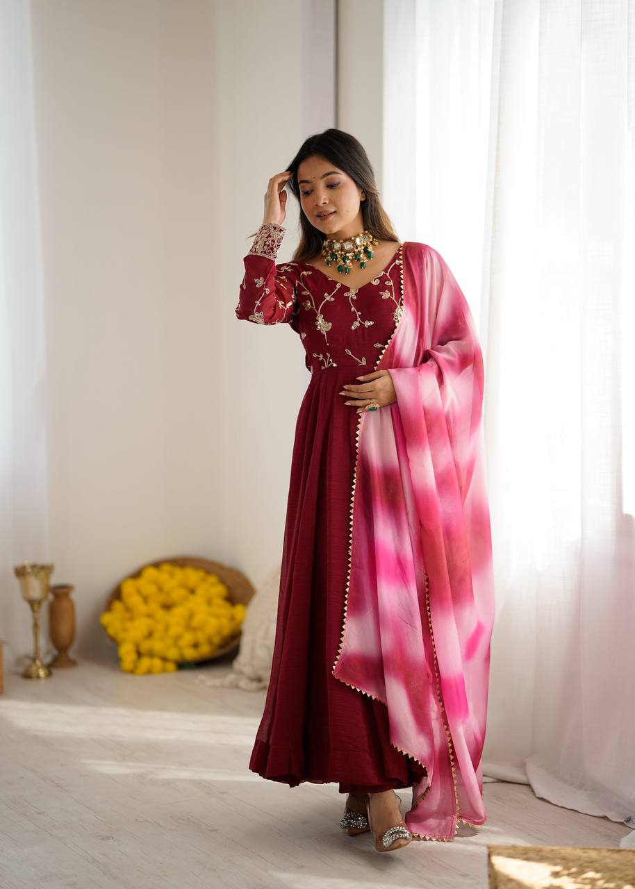 New Designer Premium Heavy Crunchy Silk with Embroidery & Sequence Work Anarkali Gown