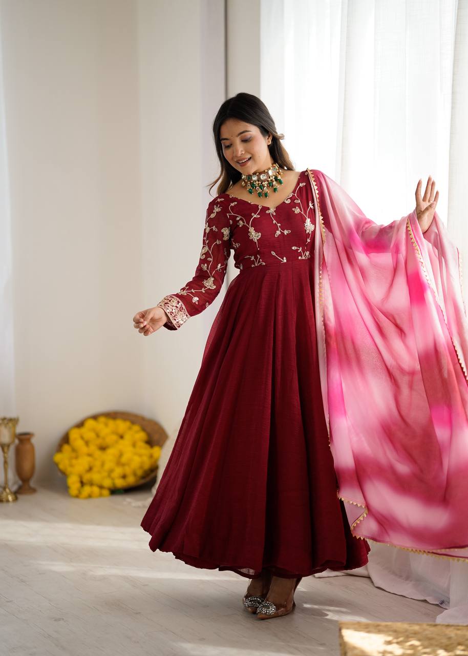 New Designer Premium Heavy Crunchy Silk with Embroidery & Sequence Work Anarkali Gown