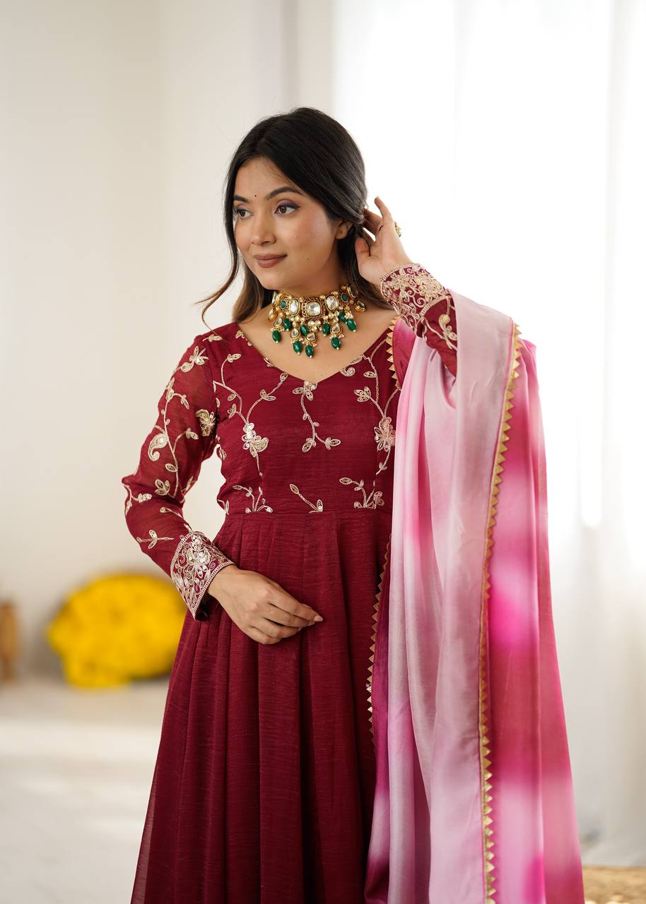 New Designer Premium Heavy Crunchy Silk with Embroidery & Sequence Work Anarkali Gown
