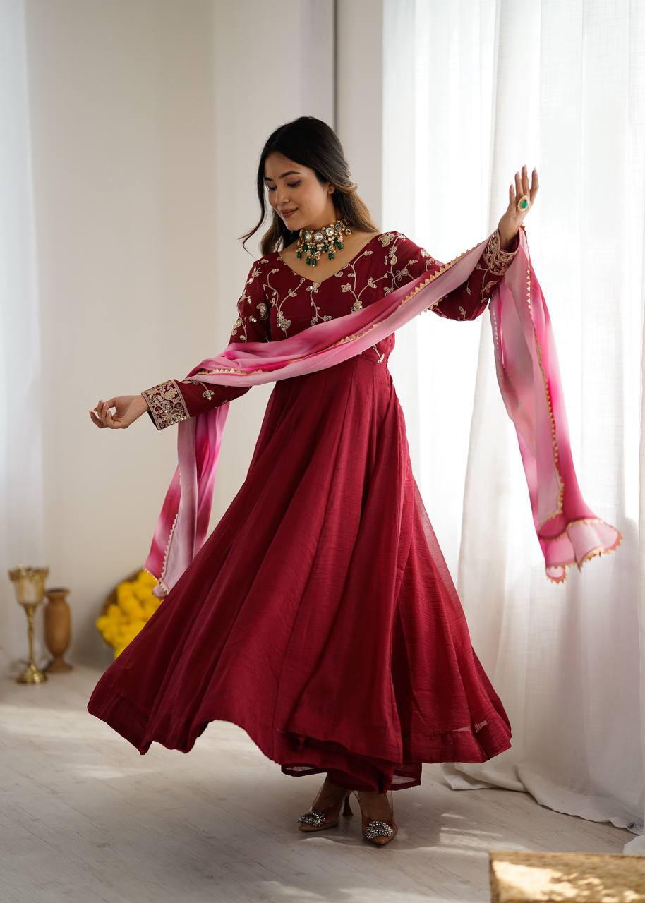 New Designer Premium Heavy Crunchy Silk with Embroidery & Sequence Work Anarkali Gown
