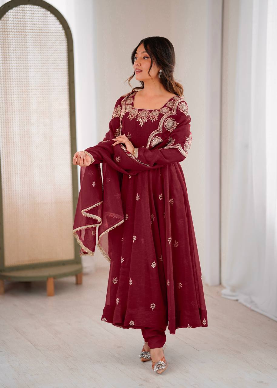 Wedding & Party Wear Anarkali Gown – Crunchy Silk with Embroidery & Dupatta