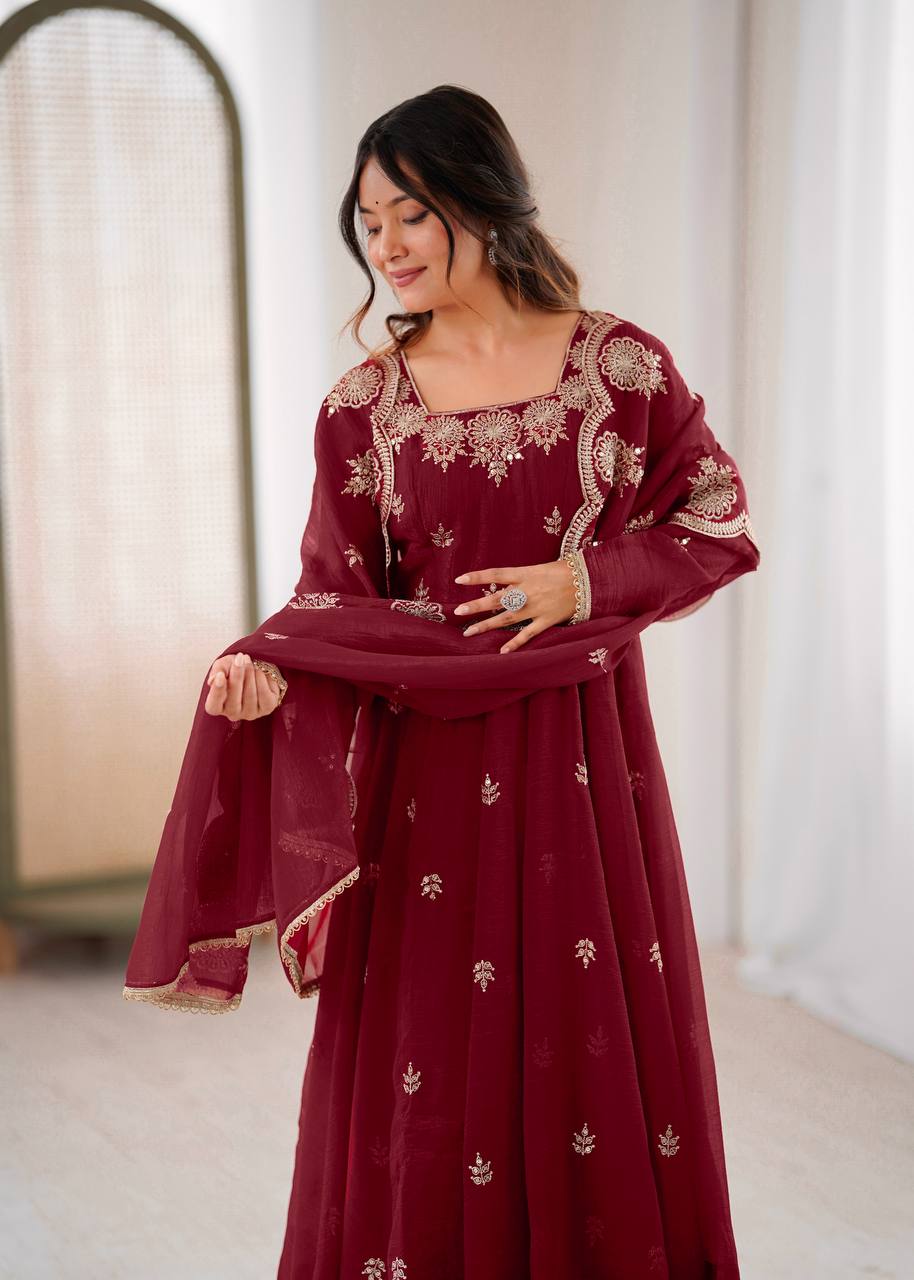 Wedding & Party Wear Anarkali Gown – Crunchy Silk with Embroidery & Dupatta