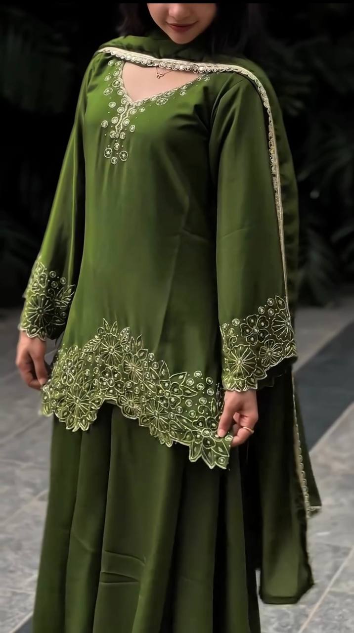 Green Chinnon Silk Designer Embroidery Kurta Set