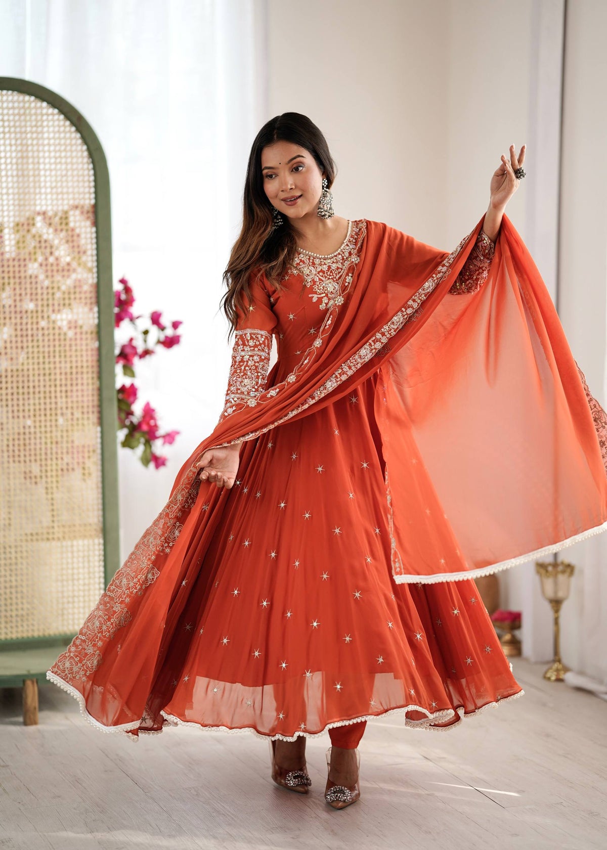 Designer Anarkali Gown with Dupatta & Bottom | Heavy Embroidery Rainbow Sequin Work