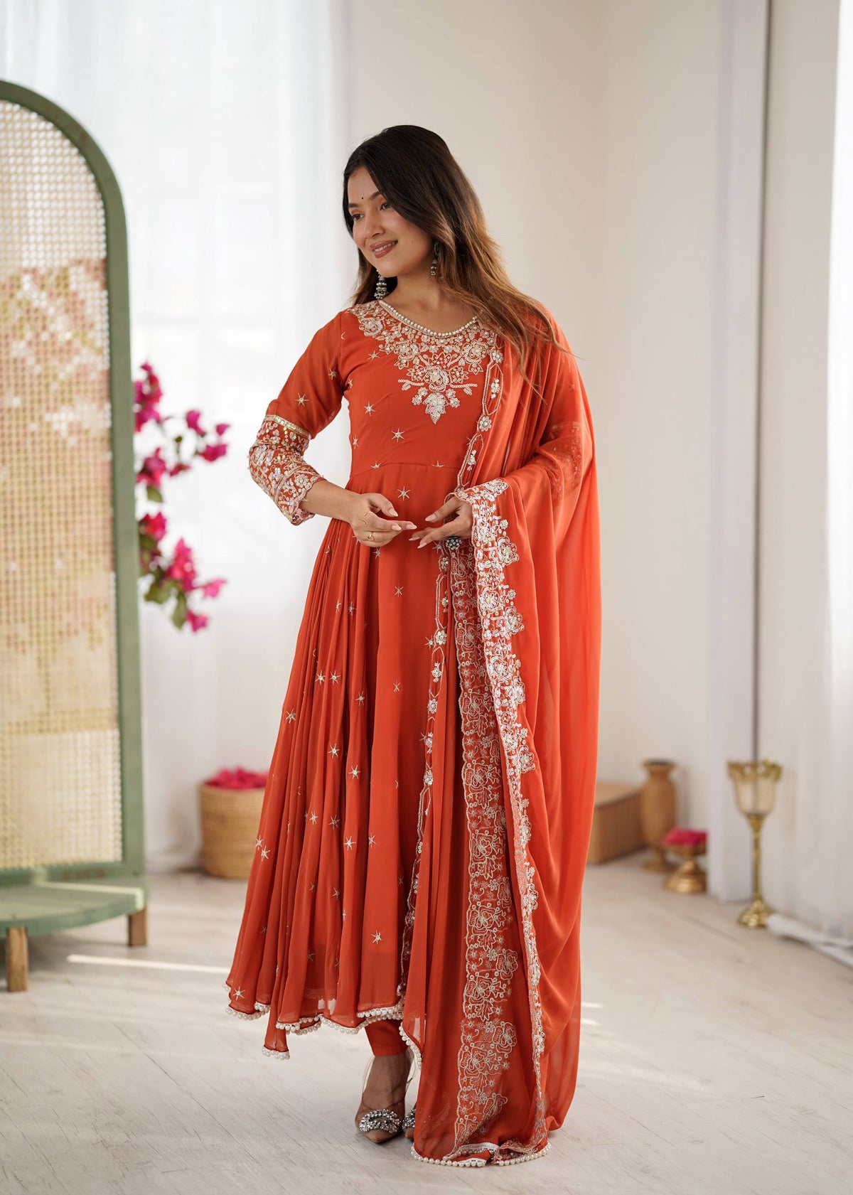 Designer Anarkali Gown with Dupatta & Bottom | Heavy Embroidery Rainbow Sequin Work