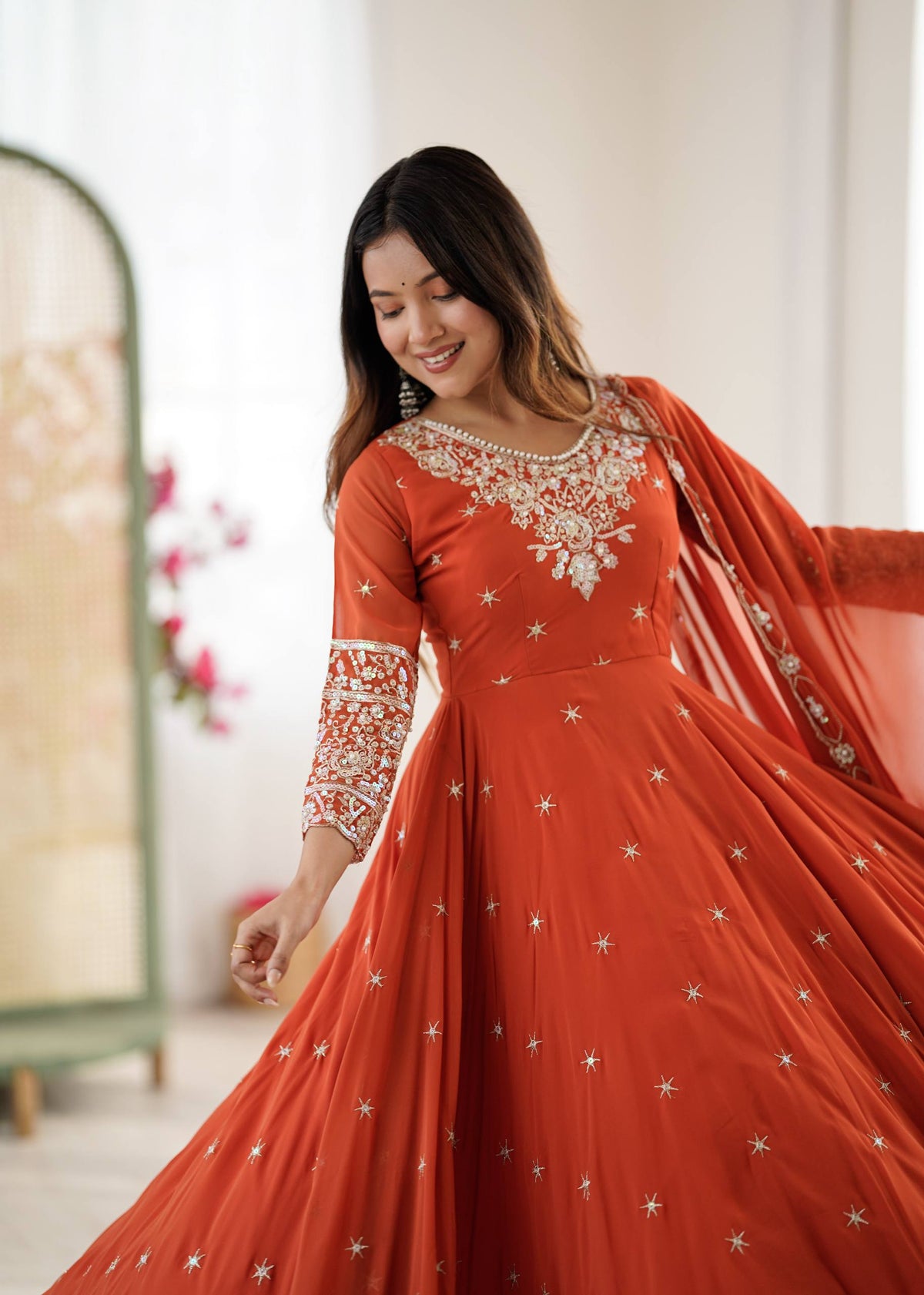 Designer Anarkali Gown with Dupatta & Bottom | Heavy Embroidery Rainbow Sequin Work