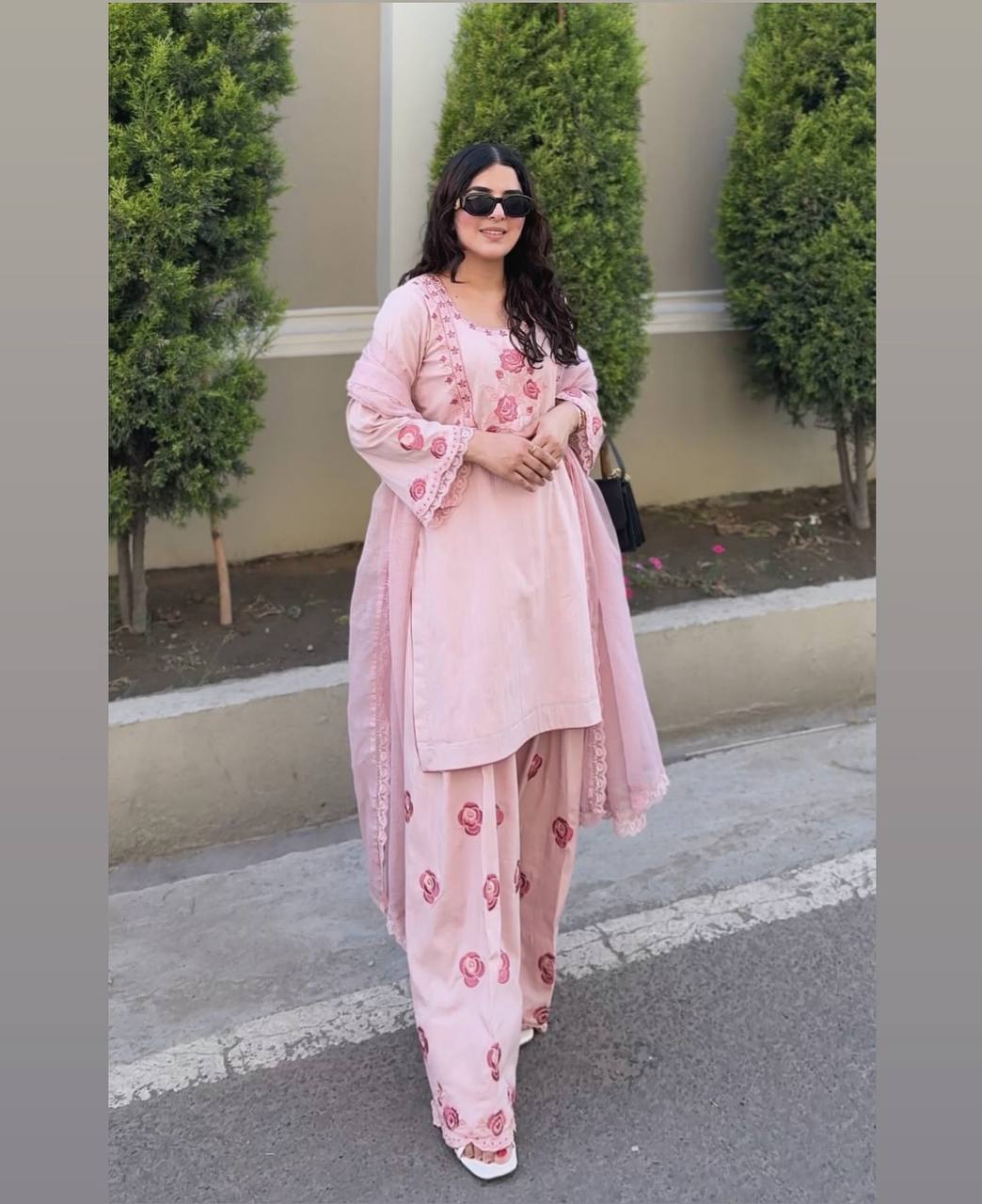 Graceful Glam – Designer Crepe Farshi Set with Dupatta