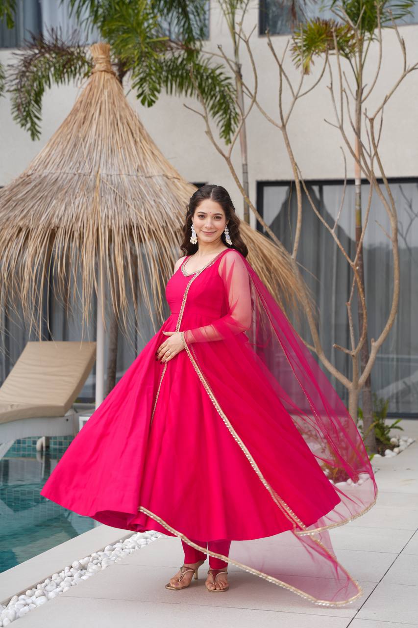 Pink Color Roman Silk Chanderi with Mirror Lace Anarkali Suit With Dupatta