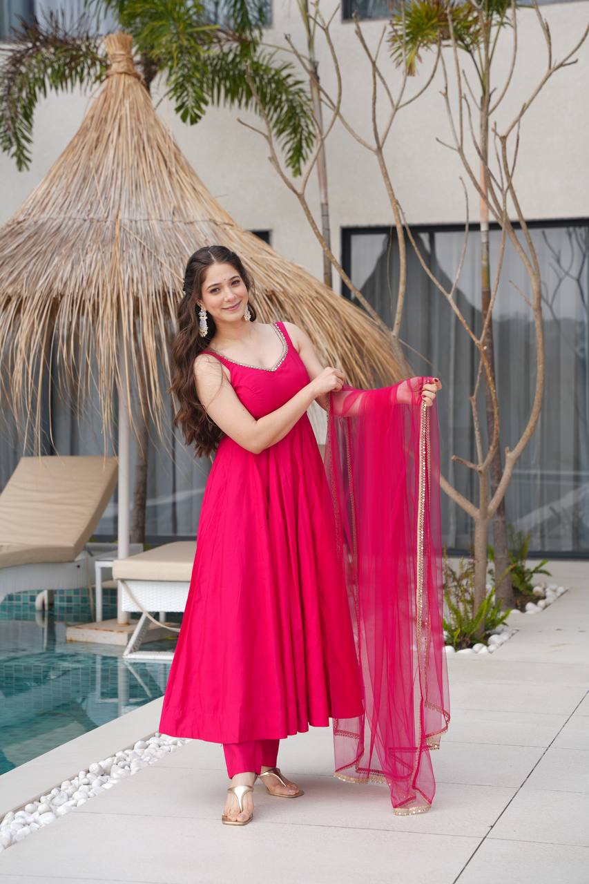 Pink Color Roman Silk Chanderi with Mirror Lace Anarkali Suit With Dupatta