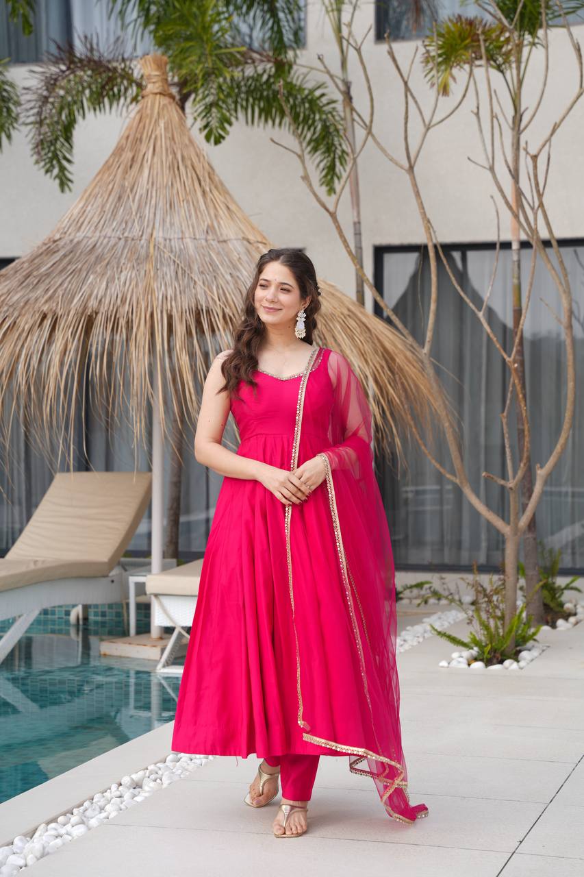 Pink Color Roman Silk Chanderi with Mirror Lace Anarkali Suit With Dupatta