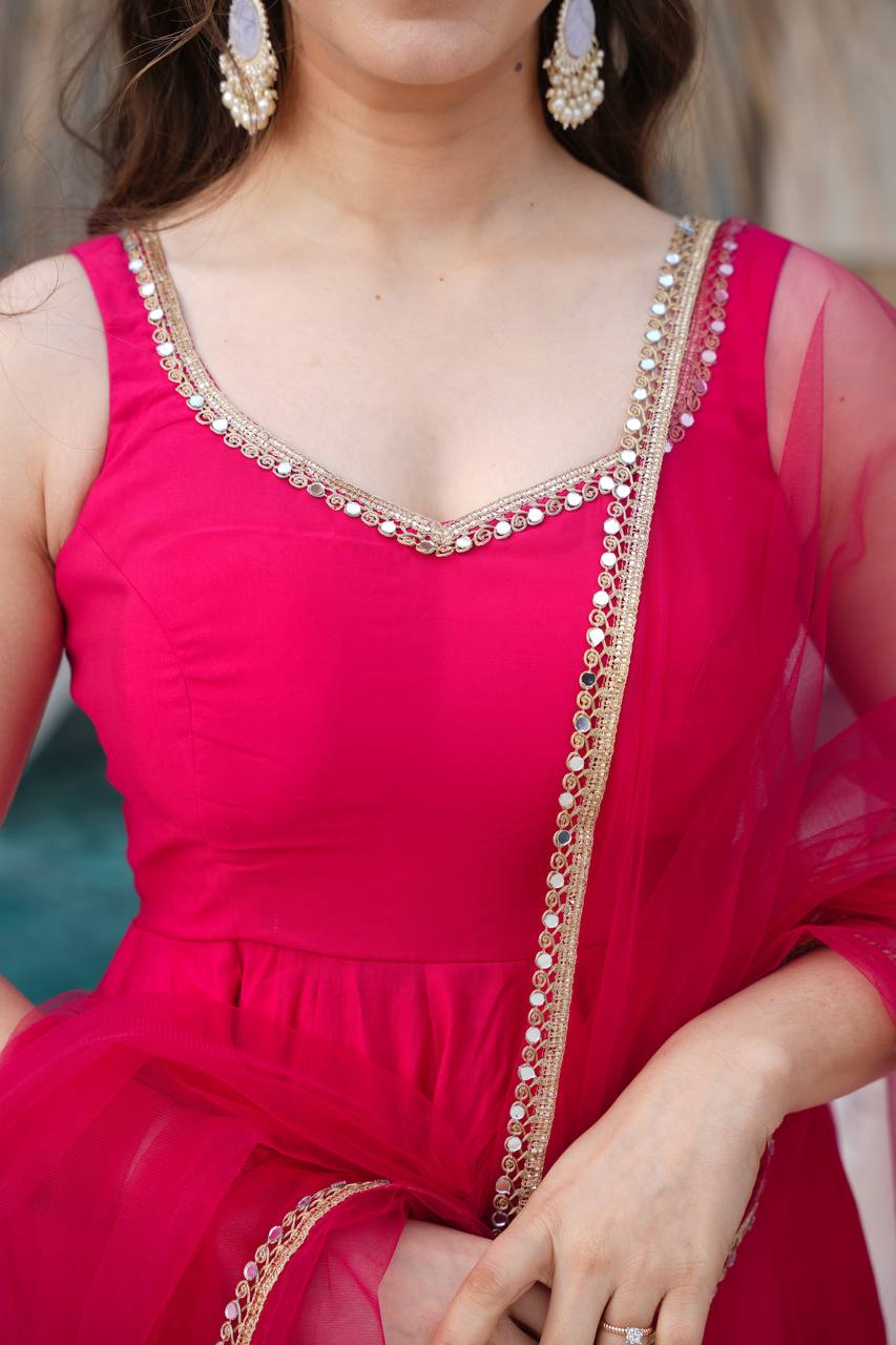Pink Color Roman Silk Chanderi with Mirror Lace Anarkali Suit With Dupatta