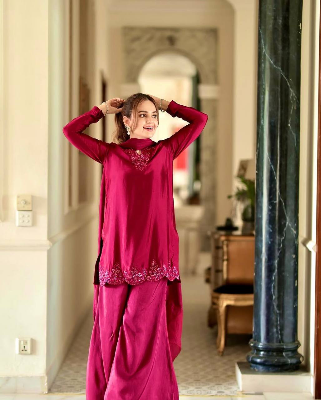 New Partywear Natural Crepe Embroidery Kurta With Pant Set