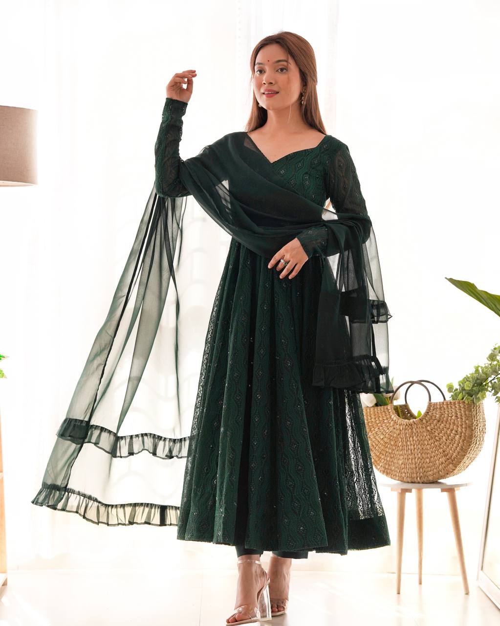 Green Color Premium Lucknowi Sequin Work Anarkali Set